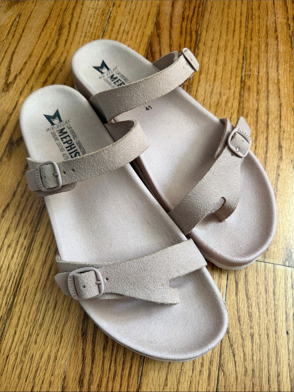 Mephisto Beige Suede Double-Strap Slide Sandals